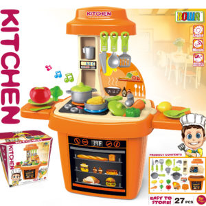 Детская игровая кухня с плитой, раковиной, сковородой, кастрюлей с крышкой, овощами, столовыми предметами и др.