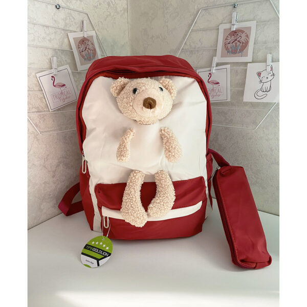 Школьный рюкзак с мишкой+шоппер+пенал+сумочка, красный